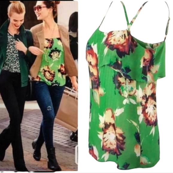 CAbi New Bloom Floral Tank Green Sleeveless Ruffle Flowy Lightweight 3264 L - Picture 2 of 13